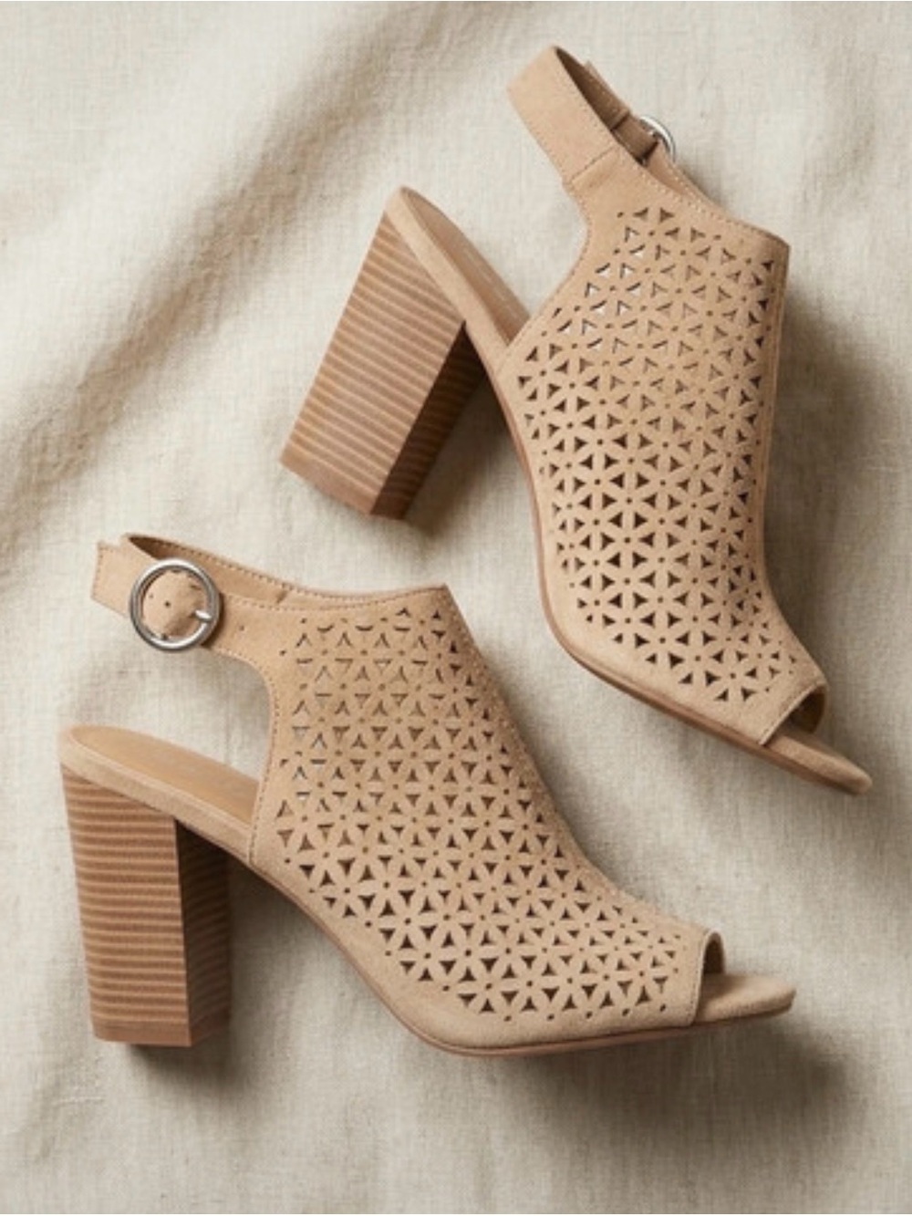 Madden Girl Tan Laser-Cut Peep-Toe Block Heels